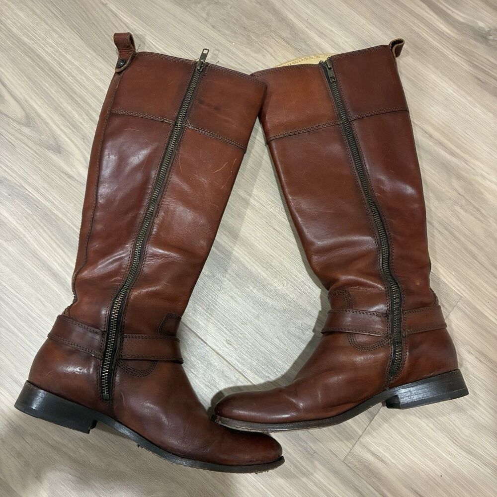 Frye Harness Brown Leather Knee High Riding Boots Zip Round Toe Women’s 8.5 B - Picture 5 of 8
